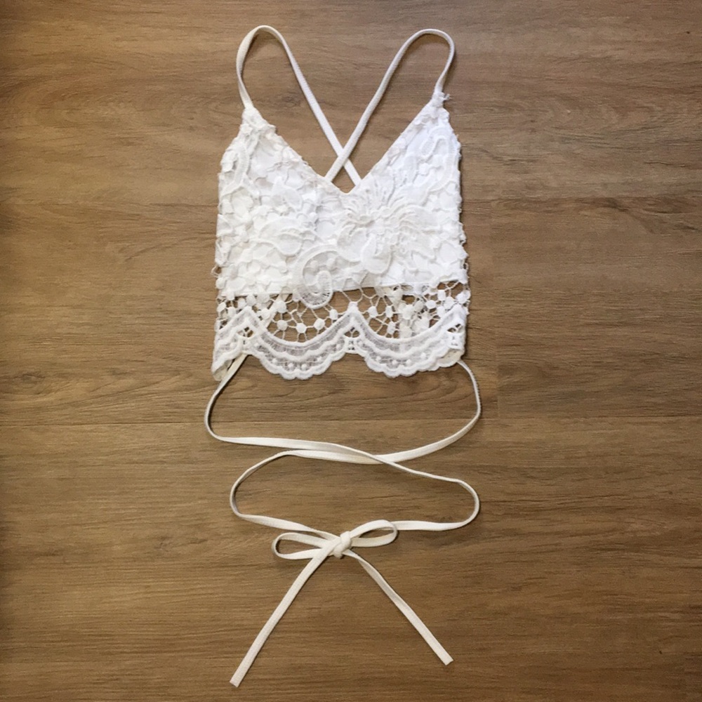 White lace crop top with cross cross back